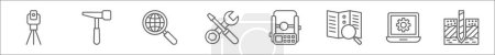 outline set of geodetic survey line icons. linear vector icons such as tacheometer, hammer, search data, ting, tacheometer, map location, web tings, water well