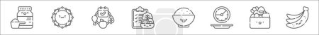 Ilustración de Esquema conjunto de iconos de línea de plan nutricional. iconos de vectores lineales como suero de leche, gotitas de lípidos, alimentos saludables, plan de nutrición, arroz, ayuno intermitente, comestibles, plátano - Imagen libre de derechos