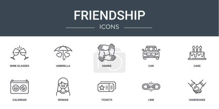 Photo for Set of 10 outline web friendship icons such as wine glasses, umbrella, hands, car, cake, calendar, woman vector icons for report, presentation, diagram, web design, mobile app - Royalty Free Image
