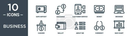 Photo for Business outline icon set includes thin line safe deposit, exchange, customer service, money, browser, cashier, wallet icons for report, presentation, diagram, web design - Royalty Free Image