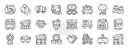 set of 24 outline web home and living icons such as fish bowl, notes, moving truck, coexistence, tv table, wireless router, table lamp vector icons for report, presentation, diagram, web design,