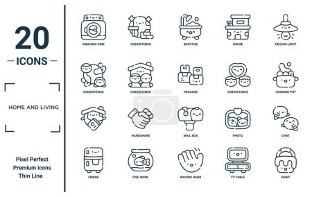 home and living linear icon set. includes thin line washing hine, coexistence, , fridge, paint, package, chat icons for report, presentation, diagram, web design