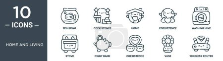 Das Icon-Set für Haus und Wohnen umfasst dünne Fischschüssel, Koexistenz, Zuhause, Koexistenz, Waschmaschine, Herd, Sparschweinsymbole für Bericht, Präsentation, Diagramm, Webdesign