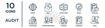 Photo for Audit outline icon set such as thin line target, circulation, deadline, human resources, checklist, audit, capitalism icons for report, presentation, diagram, web design - Royalty Free Image
