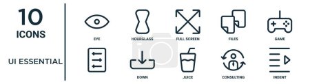 ui essential outline icon set such as thin line eye, full screen, game, down, consulting, indent, icons for report, presentation, diagram, web design
