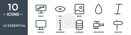 ui essential outline icon set includes thin line graph, eye, image, , display, informant icons for report, presentation, diagram, web
