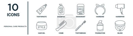Photo for Personal care products outline icon set such as thin line toothpaste, deodorant, hairdryer, comb, foundation, blush, hair gel icons for report, presentation, diagram, web design - Royalty Free Image