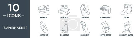 Ilustración de Conjunto de iconos de esquema de supermercado incluye maquillaje de línea delgada, caja de leche, descuento, supermaket, calcetines, champú, iconos de botella de aceite para el informe, presentación, diagrama, diseño web - Imagen libre de derechos