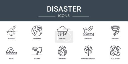 Photo for Set of 10 outline web disaster icons such as iceberg, epidermis, winter, warming, tornado, wave, storm vector icons for report, presentation, diagram, web design, mobile app - Royalty Free Image