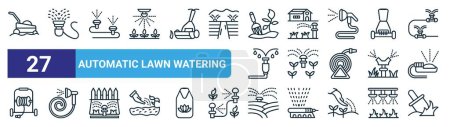 Photo for Set of 27 outline web automatic lawn watering icons such as lawn mower, sprinkler, water spray, water spray, water spray, spade vector thin line icons for web design, mobile app. - Royalty Free Image