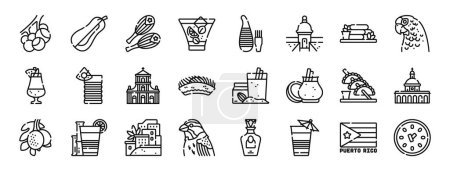 Illustration for Set of 24 outline web puerto rico icons such as genipe, papaya, maracas, mojito, guiro, monument, sorullo vector icons for report, presentation, diagram, web design, mobile app - Royalty Free Image