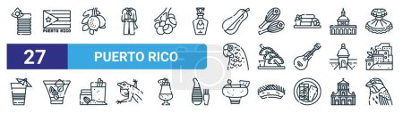 Illustration for Set of 27 outline web puerto rico icons such as drink, puerto rico, breadfruit, maracas, empanada, mojito, chi chi, spindalis vector thin line icons for web design, mobile app. - Royalty Free Image