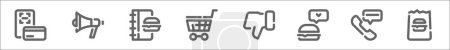 Ilustración de Esquema conjunto de iconos de línea de servicios alimentarios. iconos vectoriales lineales como escáneres, megáfono, menú, carro, pulgares hacia abajo, hamburguesa, llamada, bolsa de papel - Imagen libre de derechos
