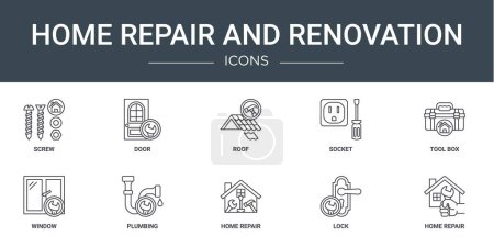 Illustration for Set of 10 outline web home repair and renovation icons such as screw, door, roof, socket, tool box, window, plumbing vector icons for report, presentation, diagram, web design, mobile app - Royalty Free Image