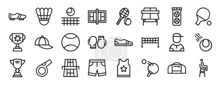 Photo for Set of 24 outline web tennis icons such as shoes, shuttlecock, tennis, footbal field, tennis, ball vector icons for report, presentation, diagram, web design, mobile app - Royalty Free Image