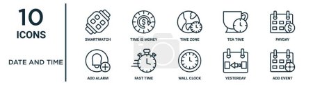 Datum und Uhrzeit umreißen Symbolset wie dünne Linie Smartwatch, Zeitzone, Zahltag, schnelle Zeit, gestern, Ereignis hinzufügen, Alarmsymbole für Bericht, Präsentation, Diagramm, Webdesign hinzufügen