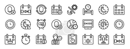 set of 24 outline web date and time icons such as remove alarm, yesterday, repeat, add event, day and night, bed time, loop vector icons for report, presentation, diagram, web design, mobile app