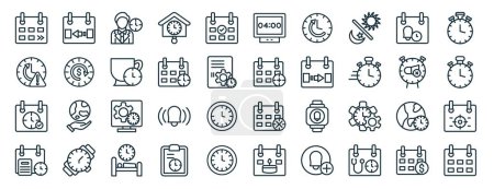 Set von 40 umrissenen Webdatums- und Zeitsymbolen wie gestern, Alarm, Deadline, Plan, Wecker, Timer, Digitaluhr-Symbole für Bericht, Präsentation, Diagramm, Webdesign, mobile App
