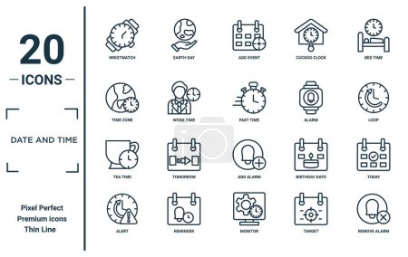 date and time linear icon set. includes thin line wristwatch, time zone, tea time, alert, remove alarm, fast today icons for report, presentation, diagram, web design