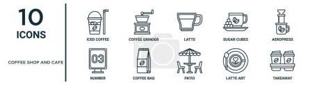 Coffeeshop und Café umreißen Symbolset wie dünne Linie Eiskaffee, Latte, Aeropress, Kaffeetasche, Latte Art, zum Mitnehmen, Zahlensymbole für Bericht, Präsentation, Diagramm, Webdesign