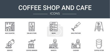 Photo for Set of 10 outline web coffee shop and cafe icons such as bar counter, online store, menu, milk frother, , service, coffee grinder vector icons for report, presentation, diagram, web design, mobile - Royalty Free Image