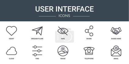 Photo for Set of 10 outline web user interface icons such as heart, origami plane, hide, share, shake hand, cloud, ting vector icons for report, presentation, diagram, web design, mobile app - Royalty Free Image
