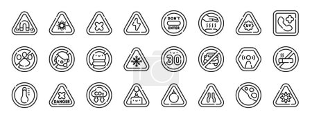 set of 24 outline web warning signs and texts icons such as strong metal, laser, harmful, electricity, do not enter, hot surface, uv radiation vector icons for report, presentation, diagram, web