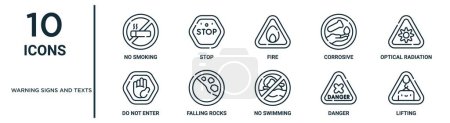 warning signs and texts outline icon set such as thin line no smoking, fire, optical radiation, falling rocks, danger, lifting, do not enter icons for report, presentation, diagram, web design