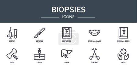 Téléchargez les illustrations : Jeu de 10 icônes de biopsies Web telles que biopsie, scalpel, presse-papiers, masque médical, livre médical, os, icônes vectorielles de poinçon pour rapport, présentation, diagramme, conception Web, application mobile - en licence libre de droit