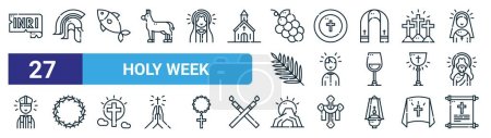 Illustration for Set of 27 outline web holy week icons such as inri, roman helmet, fish, communion, priest, crown of thorns, cave, scroll vector thin line icons for web design, mobile app. - Royalty Free Image