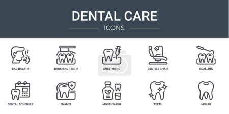 Photo for Set of 10 outline web dental care icons such as bad breath, brushing teeth, anesthetic, dentist chair, scalling, dental schedule, enamel vector icons for report, presentation, diagram, web design, - Royalty Free Image