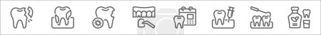 Umrisse der Symbole für die Linie der Zahnpflege. lineare Vektorsymbole wie gebrochener Zahn, Zahnstein, Infektion, Zahnfurnier, Zahnplan, Betäubung, Skalierung, Mundspülung