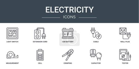 Illustration for Set of 10 outline web electricity icons such as light switch, extension cord, car battery, cable, wall plug, measurement, cell vector icons for report, presentation, diagram, web design, mobile app - Royalty Free Image