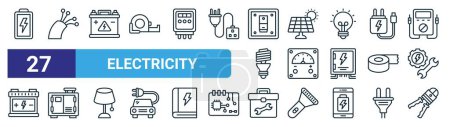 Illustration for Set of 27 outline web electricity icons such as battery, cable, accumulator, solar panel, voltmeter, microwave, tool box, crimping vector thin line icons for web design, mobile app. - Royalty Free Image
