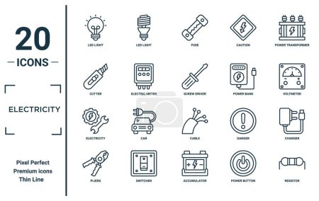 electricity linear icon set. includes thin line led light, cutter, electricity, pliers, resistor, screw driver, charger icons for report, presentation, diagram, web design