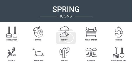 Photo for Set of 10 outline web spring icons such as broomstick, orange, cloudy, picnic basket, beehive, branch, lawnmower vector icons for report, presentation, diagram, web design, mobile app - Royalty Free Image