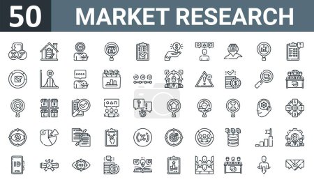 Illustration for Set of 50 outline web market research icons such as dependant, testing, consumer, market research, survey, value proposal, user experience vector thin icons for report, presentation, diagram, web - Royalty Free Image