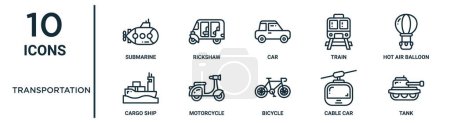 Illustration for Transportation outline icon set such as thin line submarine, car, hot air balloon, motorcycle, cable car, tank, cargo ship icons for report, presentation, diagram, web design - Royalty Free Image