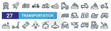 set of 27 outline web transportation icons such as train, rocket, dump truck, yatch, golf cart, scooter, taxi, fishing boat vector thin line icons for web design, mobile app.