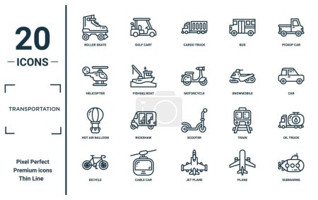 Téléchargez les illustrations : Ensemble d'icônes linéaires de transport. comprend mince patins à roulettes, hélicoptère, montgolfière, vélo, sous-marin, moto, icônes de camion à huile pour rapport, présentation, diagramme, conception web - en licence libre de droit