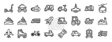 Illustration for Set of 24 outline web transportation icons such as scooter, taxi, submarine, rickshaw, motorcycle, jet plane, oil truck vector icons for report, presentation, diagram, web design, mobile app - Royalty Free Image
