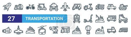 Illustration for Set of 27 outline web transportation icons such as rocket, oil truck, bicycle, motorcycle, scooter, jet plane, ferry, cargo truck vector thin line icons for web design, mobile app. - Royalty Free Image