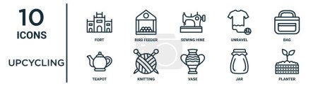 Illustration for Upcycling outline icon set such as thin line fort, sewing hine, bag, knitting, jar, planter, teapot icons for report, presentation, diagram, web design - Royalty Free Image