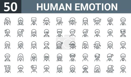 Illustration for Set of 50 outline web human emotion icons such as confidence, stubborn, happy, confused, love, love, neutral vector thin icons for report, presentation, diagram, web design, mobile app. - Royalty Free Image