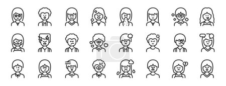 Illustration for Set of 24 outline web human emotion icons such as proud, surprised, depressed, confidence, disgusted, smile, cool vector icons for report, presentation, diagram, web design, mobile app - Royalty Free Image