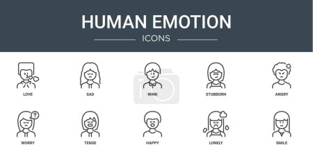 Illustration for Set of 10 outline web human emotion icons such as love, sad, wink, stubborn, angry, worry, tense vector icons for report, presentation, diagram, web design, mobile app - Royalty Free Image