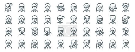 Illustration for Set of 40 outline web human emotion collection. icons such as depressed, stubborn, proud, scared, happy, dizzy, disgusted icons for report, presentation, diagram, web design, mobile app - Royalty Free Image