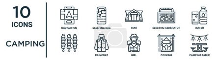 camping outline icon set such as thin line navigation, tent, water, raincoat, cooking, camping table, icons for report, presentation, diagram, web design