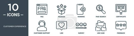 Kundenerfahrung umreißt Symbolset umfasst dünne Linie faq, Paket, Ranking, bezahlte Suche, Zertifikat, Kundenbetreuung, wie Symbole für Bericht, Präsentation, Diagramm, Webdesign