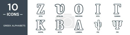 conjunto de iconos de esquema de alfabetos griegos incluye línea delgada zeta, upsilon, omicrón, iota, gamma, kappa, iconos beta para el informe, presentación, diagrama, diseño web